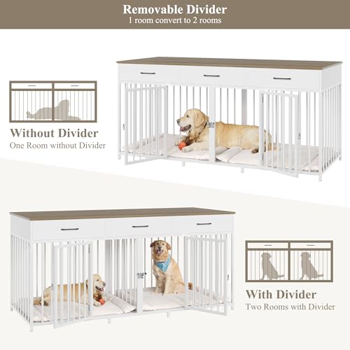 White 71" Wide Double Dog Crate with 3 Drawers C6134