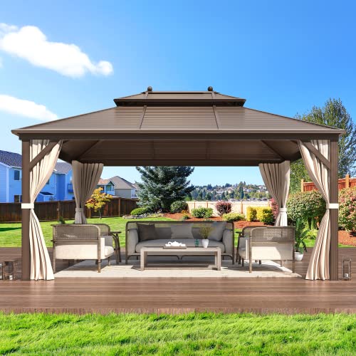 14'x20' Hardtop Gazebo Double Roof Galvanized Steel Canopy Aluminum Frame with Netting and Curtains W42973