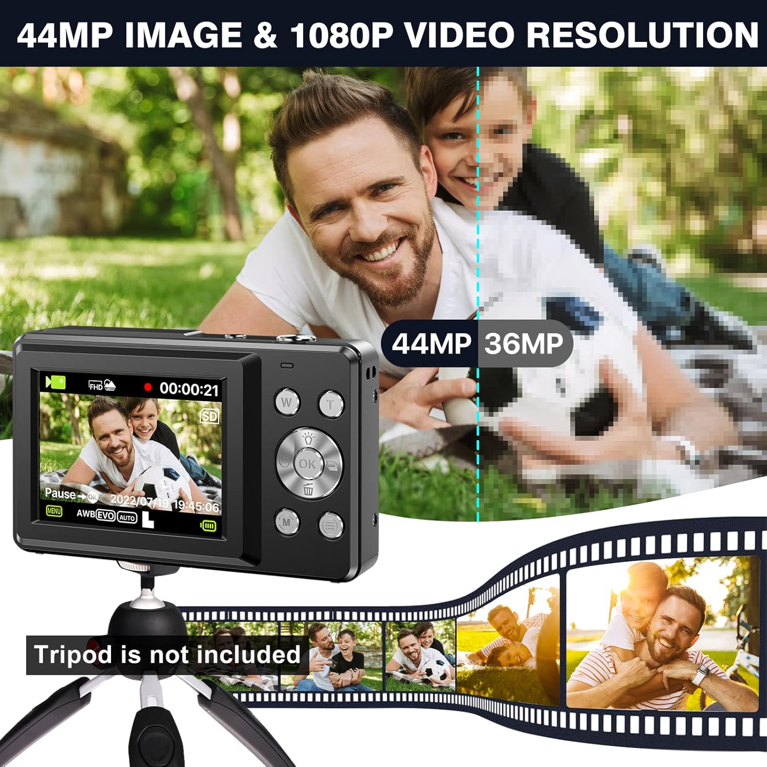 Black 44MP FHD 1080P Compact Digital Camera with 32GB Card F731