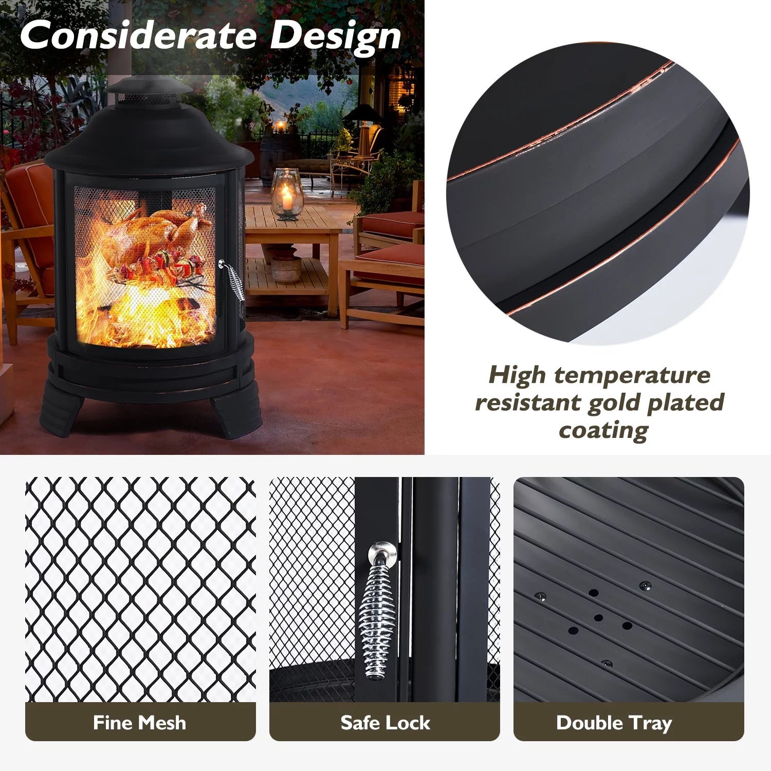 Black Pagoda 2 in 1 Fire Pit with Removable Grill L234