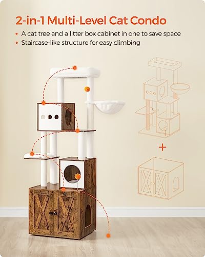70.8-Inch Tall Cat Tree with Litter Box Enclosure, Scratching Posts, Perch, Caves, Basket, Washable Cushions Y15795