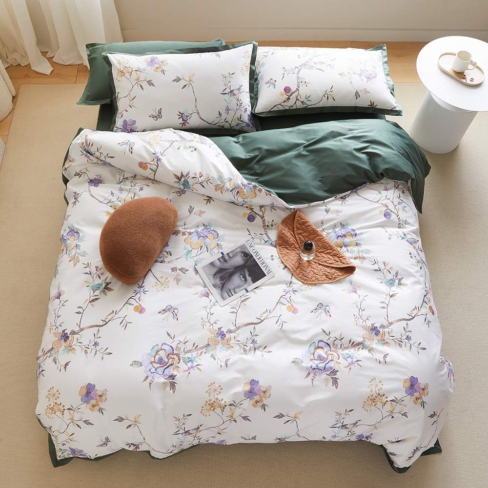 White Queen Green Tropical Leaves Pattern Reversible Cotton Duvet Cover Set C3084