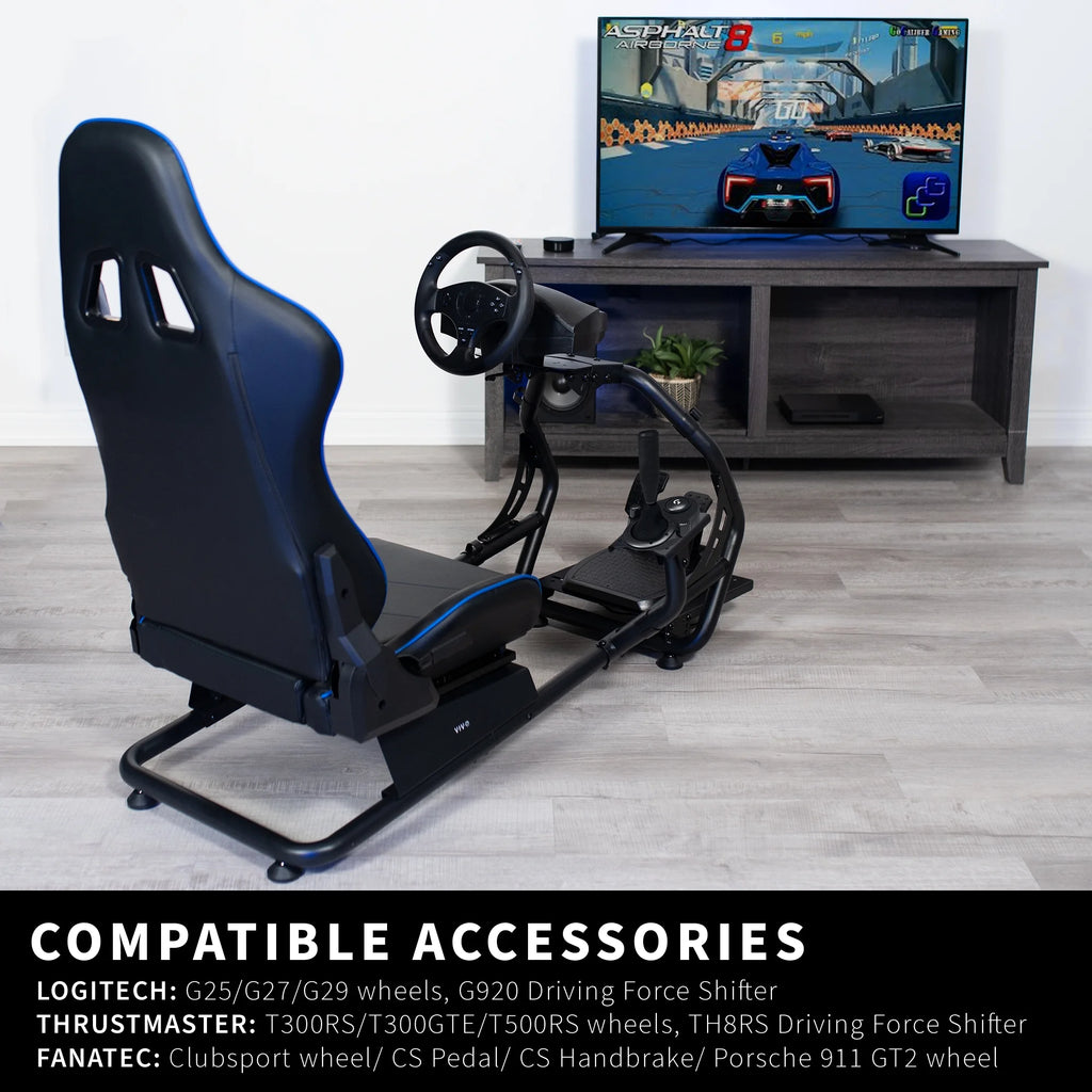 Black Blue Racing Simulator Cockpit with Wheel Stand and Reclining Seat I182923