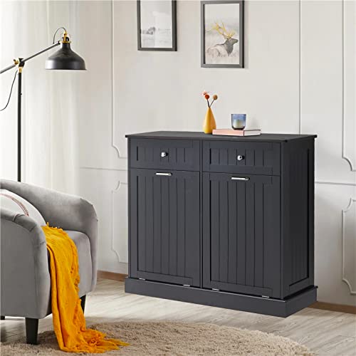 White Wooden Tilt Out Trash Cabinet with Hideaway Drawer and Bamboo Cutting Board I6674