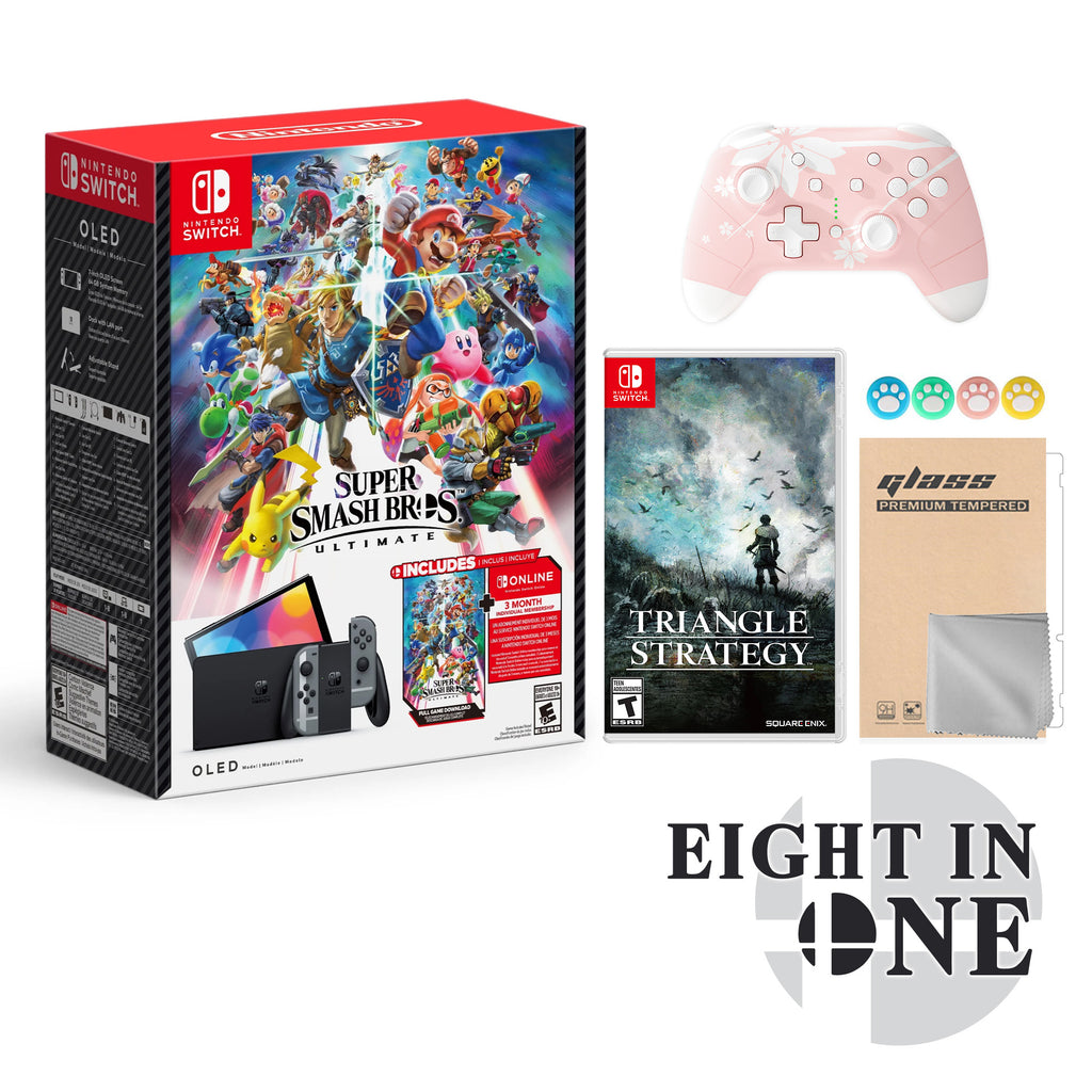 Gray Console OLED Bundle with Super Smash Bros. Ultimate, Triangle Strategy, Wireless Pro Controller and Accessories E579600