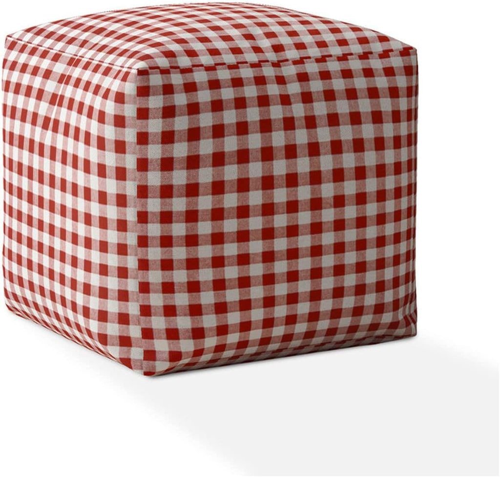Red and White Cotton Gingham Pouf Ottoman S6505