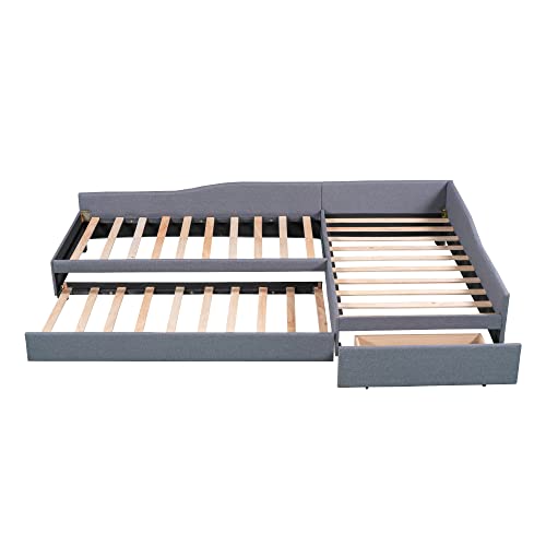 Gray Upholstered Double Twin Size Daybed with Trundle and Drawer A6559