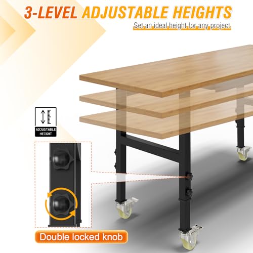 60" Adjustable Height Work Table with Power Outlet, Drawer and Wheels, Hardwood Work Bench H3856
