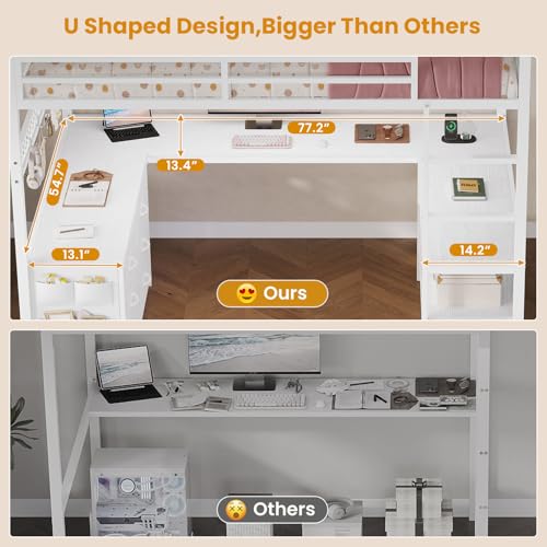 Full Size Loft Bed with U-Shaped Desk, 6 Storage Drawers, LED, Rustic Brown V8268
