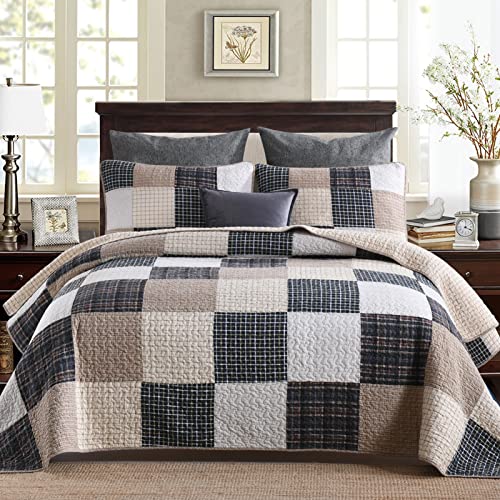 100% Cotton Grey Patchwork Plaid Queen Size 3 Pieces Quilt Bedding Set J3203