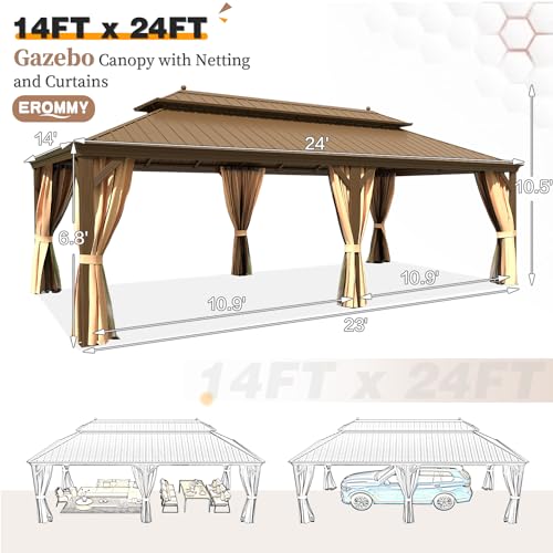 14'x20' Hardtop Gazebo Double Roof Galvanized Steel Canopy Aluminum Frame with Netting and Curtains W42973