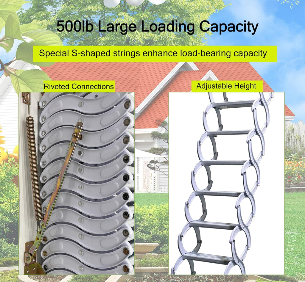 Al-Mg Alloy Attic Steps Pull Down 12 Steps Folding Ladder with Armrests 9.8ft Height 27.6x27.6in Frame Size G8555