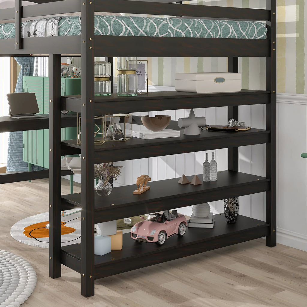 Full Size Wooden Loft Bed with Desk and Storage Shelves H747