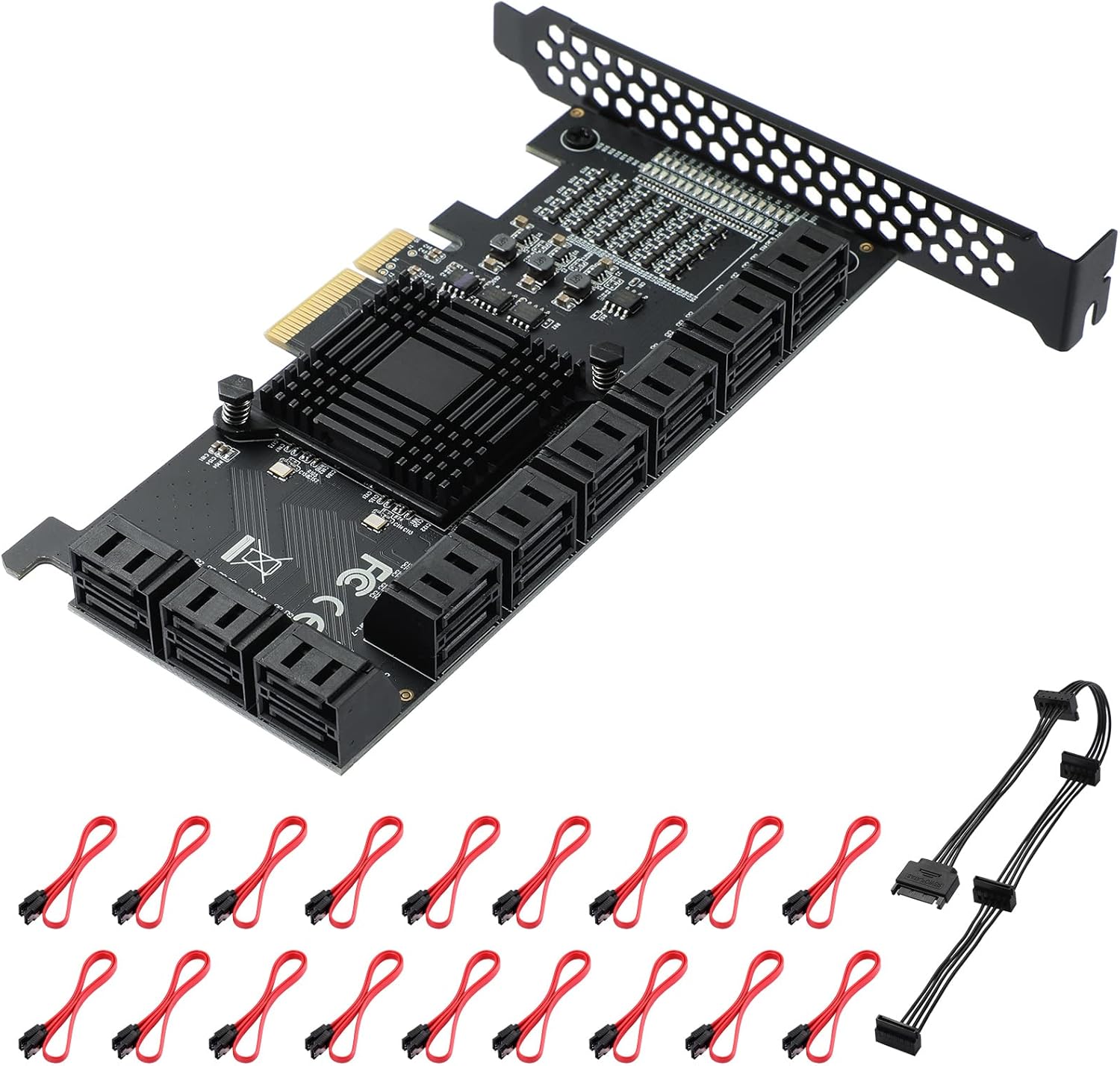 16 Port SATA PCle Expansion Card with 16 SATA Cables and Bracket V7052