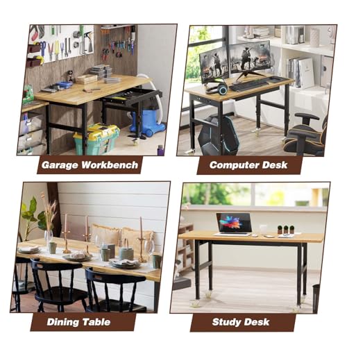 60" Adjustable Height Work Table with Power Outlet, Drawer and Wheels, Hardwood Work Bench H3856