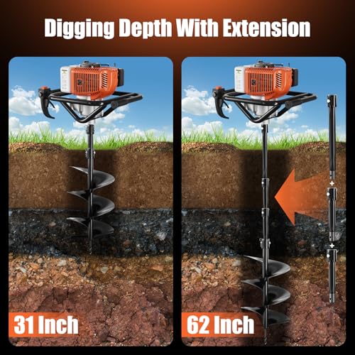 62cc Gas Powered Post Hole Digger with 2 Auger Drill Bits (6" & 8") and 3 Extension Rods H24194