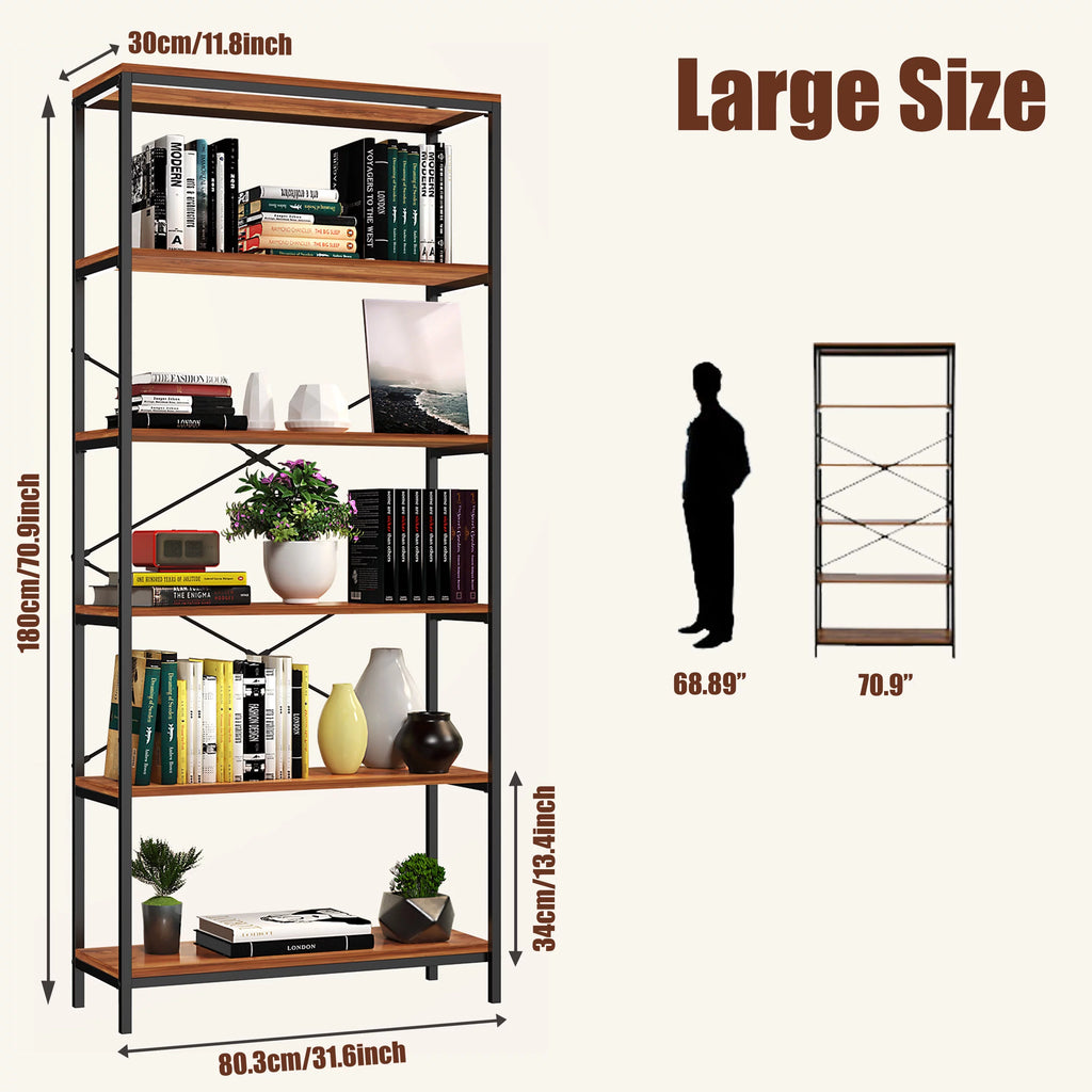 5 Shelf Rustic Wood and Metal Bookcase Y881