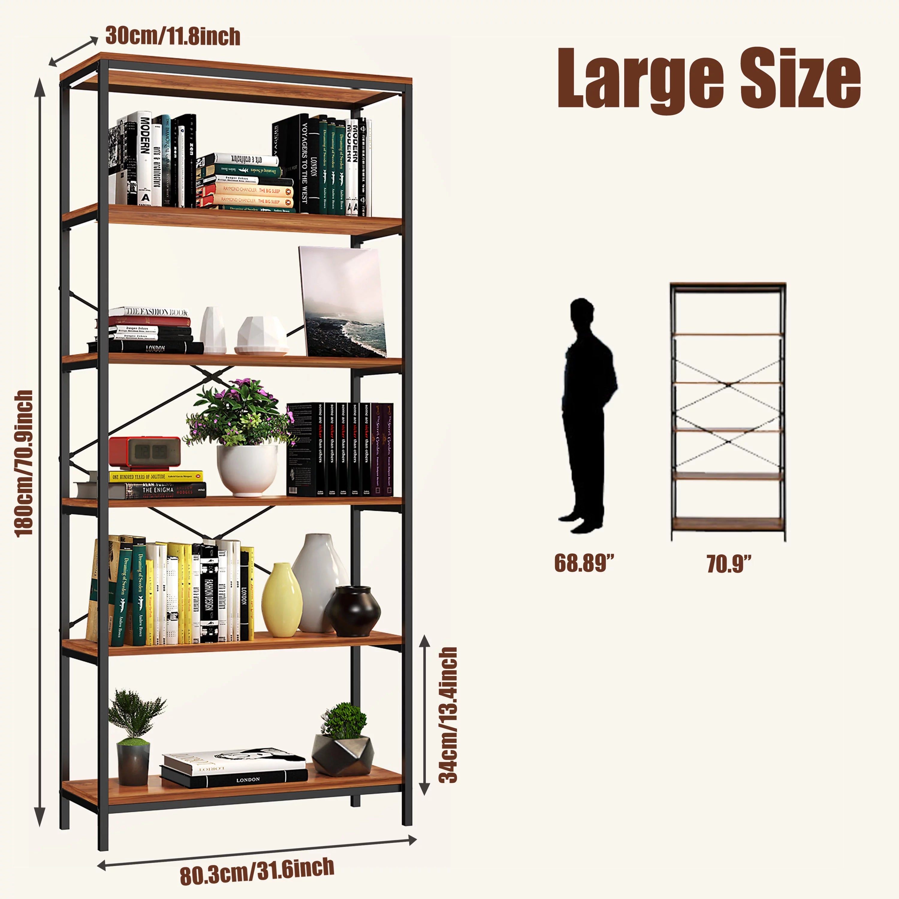 5 Shelf Rustic Wood and Metal Bookcase Y881