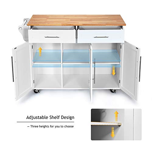 White Kitchen Island Cart Rolling Storage Trolley with Lockable Castors, 2 Drawers, 3 Door Cabinet K65860