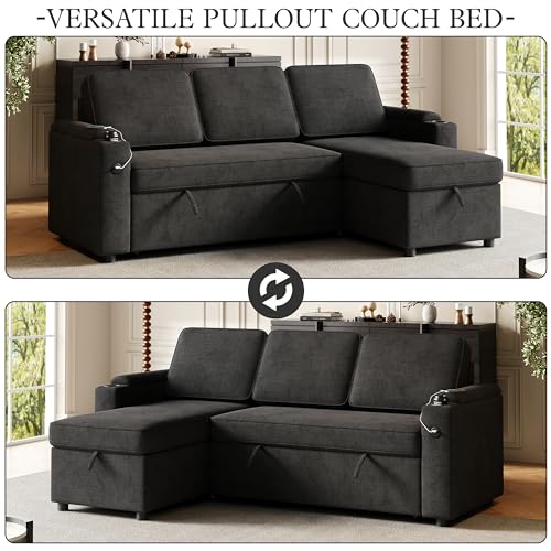 Dark Grey L-Shaped Fabric Sofa with Pull Out Bed M363