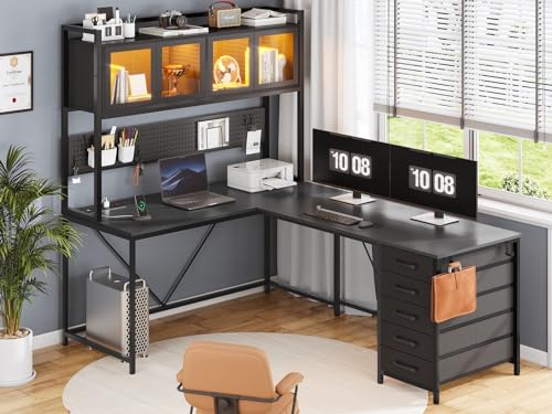 Rustic Brown L Shaped Gaming Desk with Drawers, Hutch, Storage Shelves, Pegboard, Led Lights, and Power Outlet Y873