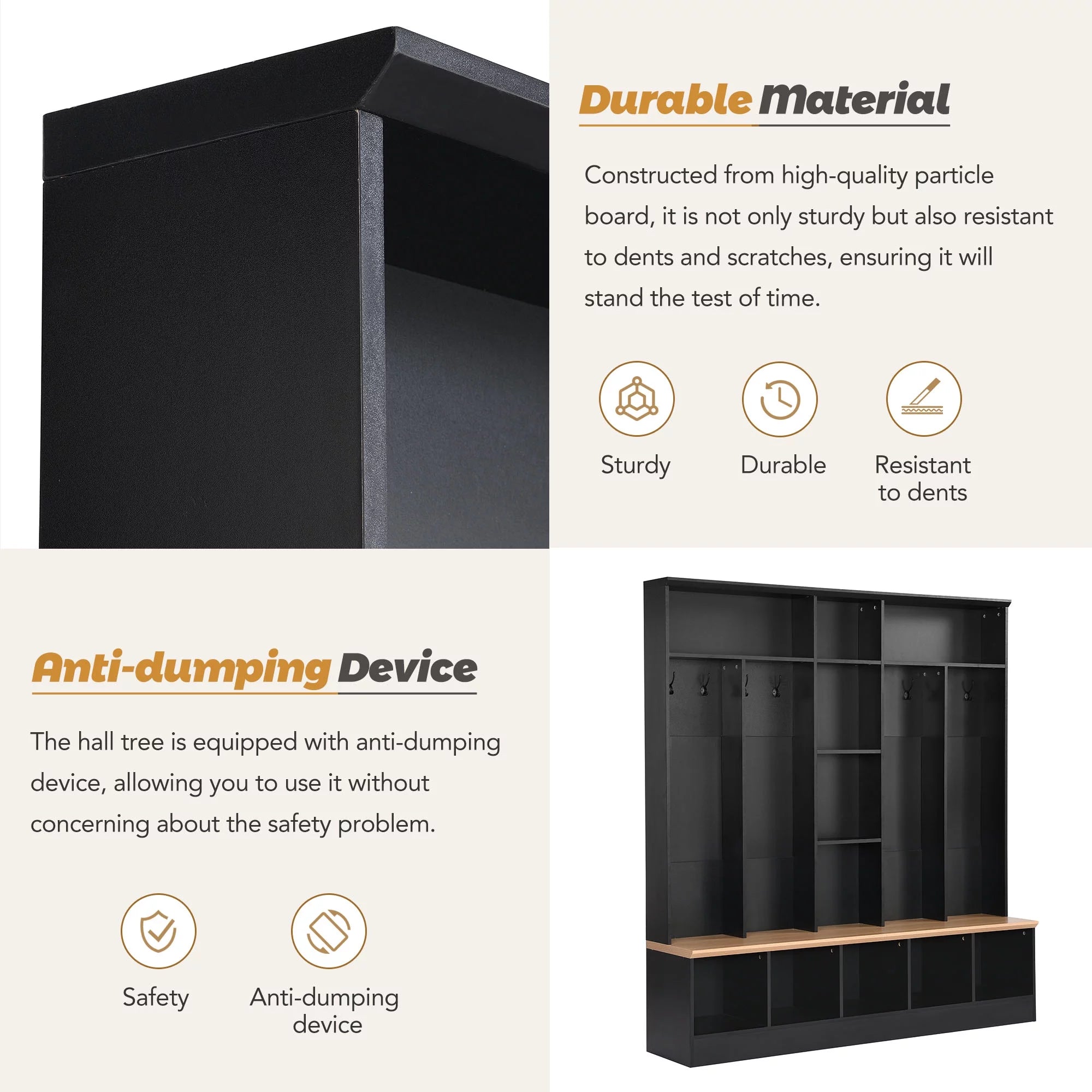 Black Hall Tree with Storage Bench and 8 Hooks P499768
