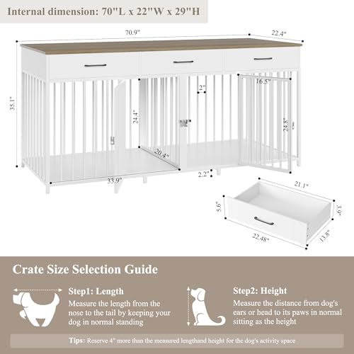 White 71" Wide Double Dog Crate with 3 Drawers C6134