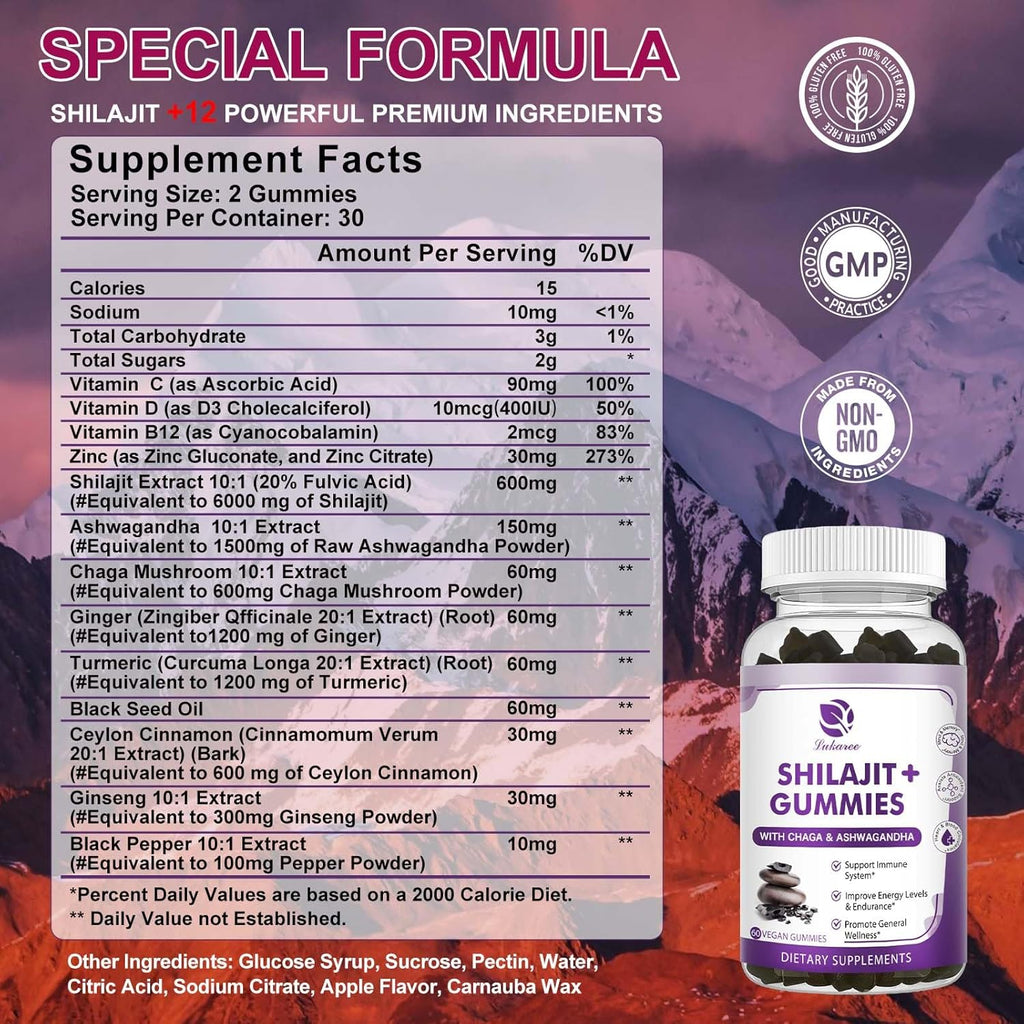 (2 Pack) Shilajit Gummies with Ashwagandha, Black Seed Oil, Vitamin C D3 B12 & Zinc, Sugar Free E4814
