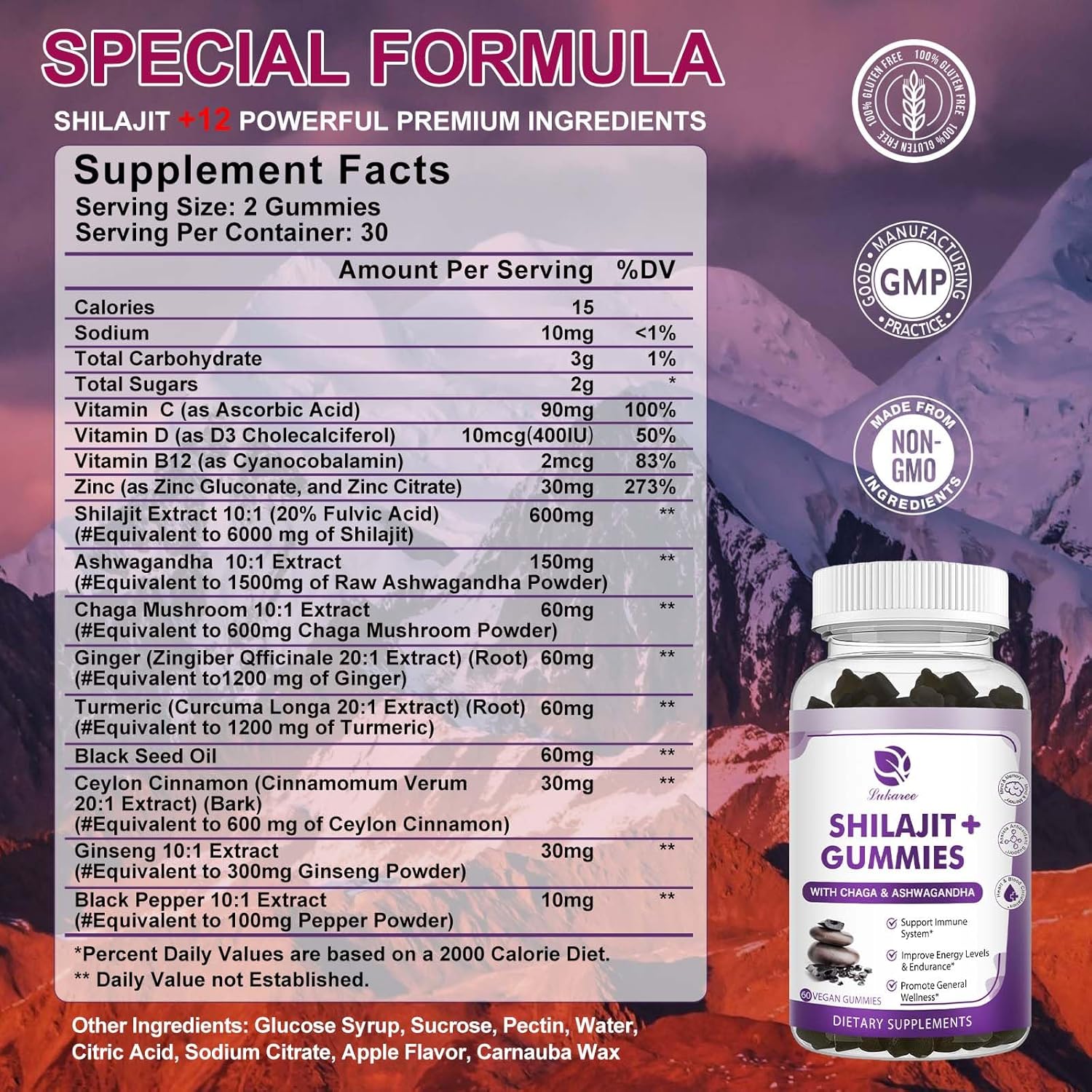 (2 Pack) Shilajit Gummies with Ashwagandha, Black Seed Oil, Vitamin C D3 B12 & Zinc, Sugar Free E4814