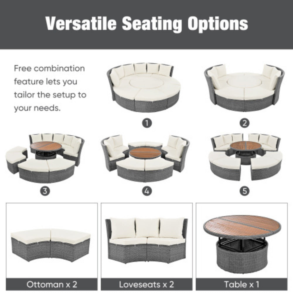 5-Piece Round Rattan Sectional Sofa Set with Liftable Table and Washable Cushions V159079