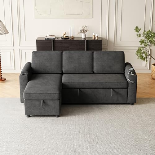 Dark Grey L-Shaped Fabric Sofa with Pull Out Bed M363