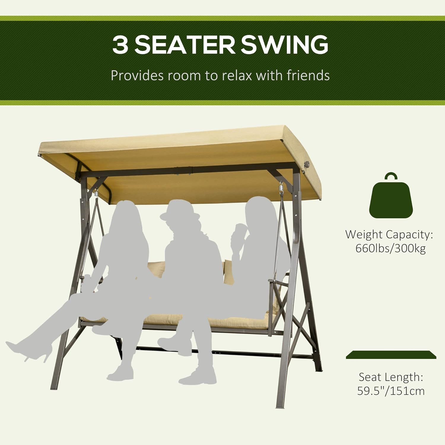 Khaki 3-Seat Patio Swing Chair with Cushion, 3 Throw Pillows & Adjustable Canopy G4993