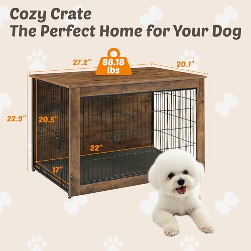 Wooden Dog Crate End Table with Dual Doors, 27 Inch P582