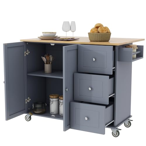Grey Blue 52.7 Inch Kitchen Island with Drop Leaf L73962