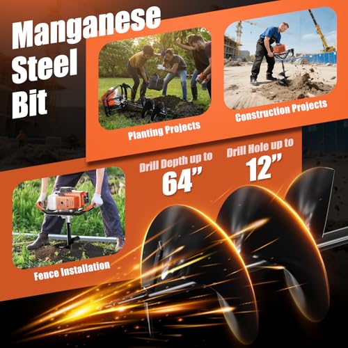 62cc Gas Powered Post Hole Digger with 2 Auger Drill Bits (6" & 8") and 3 Extension Rods H24194