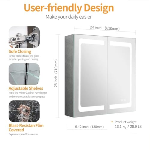 24 Inch X 28 Inch Stainless Steel Wall Mounted Medicine Cabinet with Double Touch Switches N8195