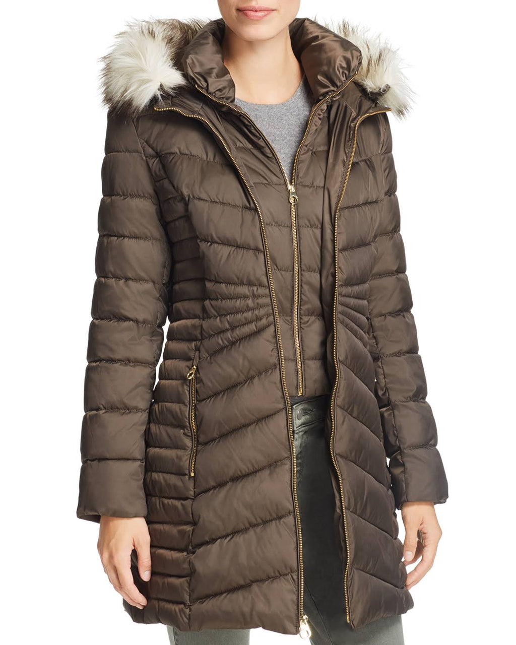 Black Faux-Fur-Trim Hooded Puffer Coat V73261
