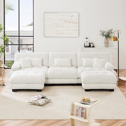White Oversized Chenille Modular Sectional Sofa with 2 Ottomans E767