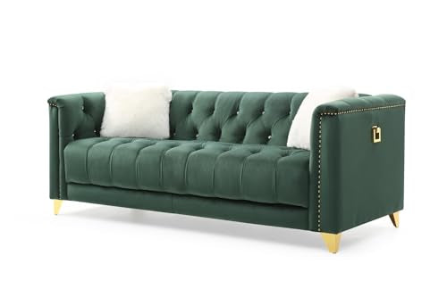 Green Deep Button Tufted Upholstered Sofa with Gold Legs N9819