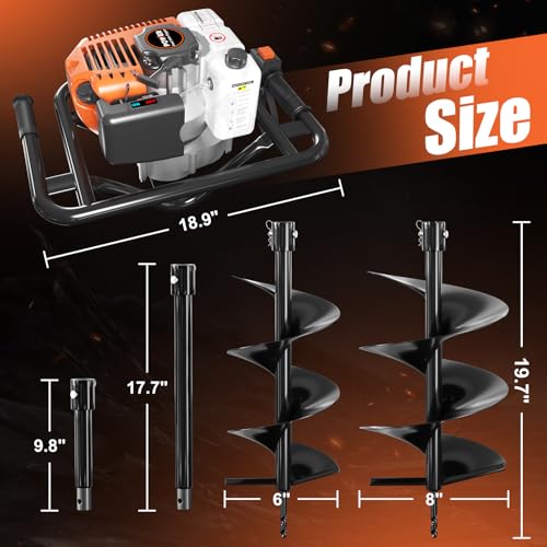 62cc Gas Powered Post Hole Digger with 2 Auger Drill Bits (6" & 8") and 3 Extension Rods H24194