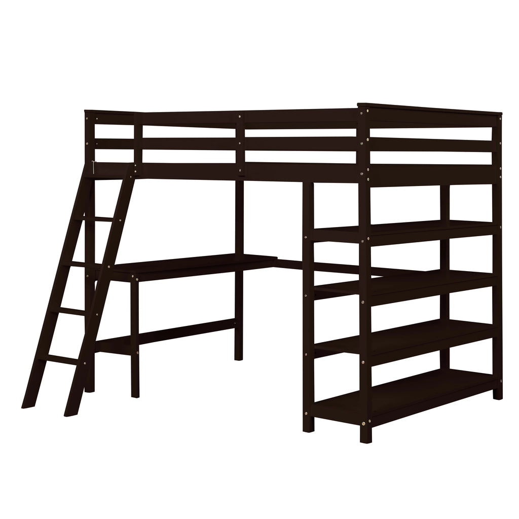 Full Size Wooden Loft Bed with Desk and Storage Shelves H747