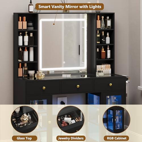 White Glass Top Vanity Desk with Mirror and Lights and 3 Drawers Q344870