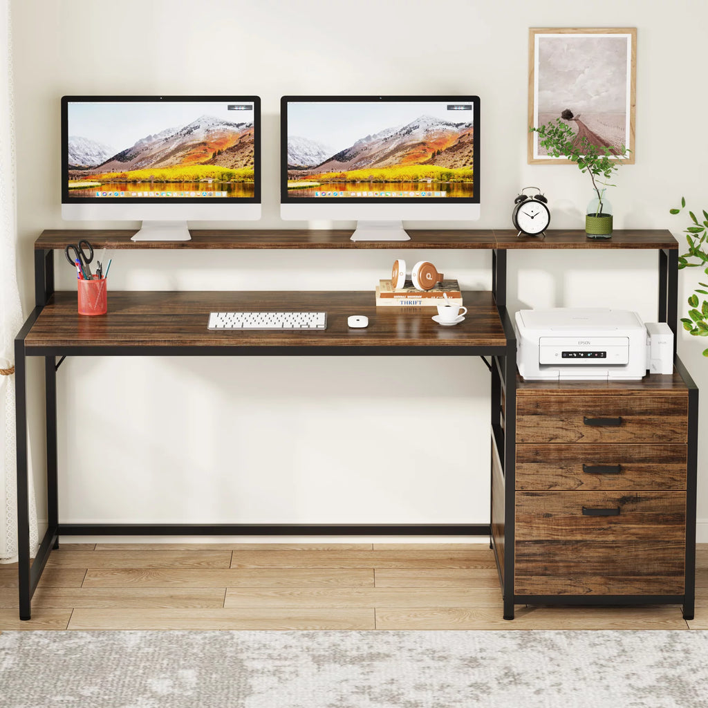 63 Inch Computer Desk with Monitor Stand and Drawers File Cabinet T19250