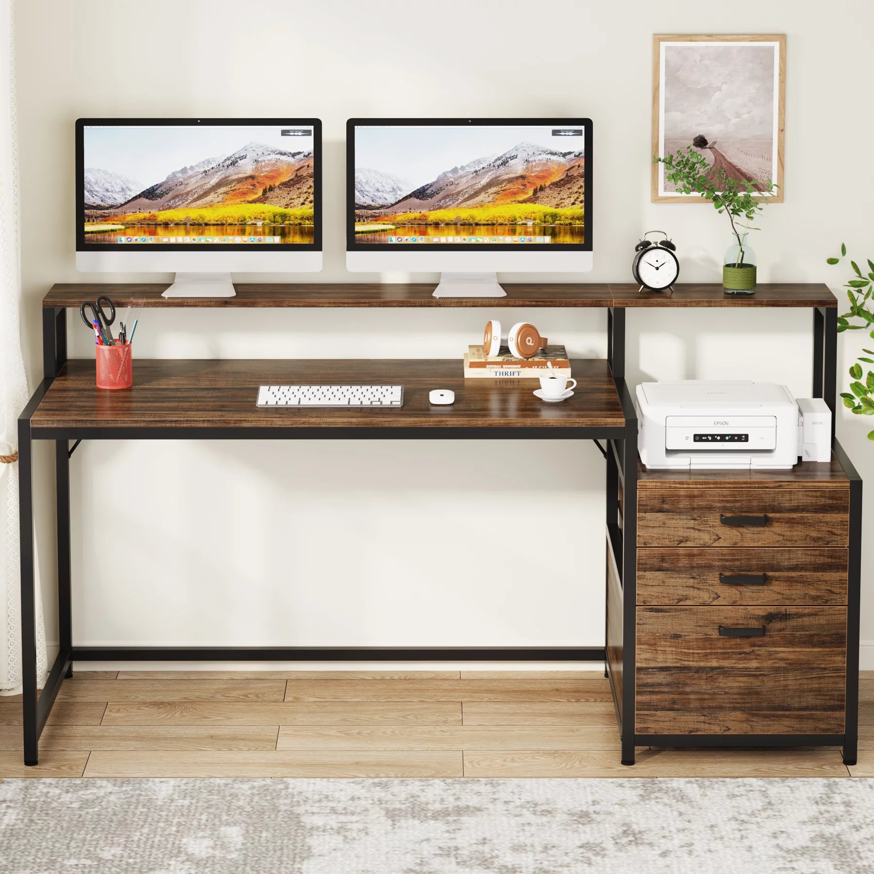 63 Inch Computer Desk with Monitor Stand and Drawers File Cabinet T19250