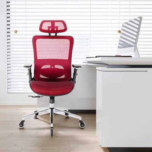 Red Mesh High Back Office Chair with Adjustable Headrest and Flip-Up Arms J91593