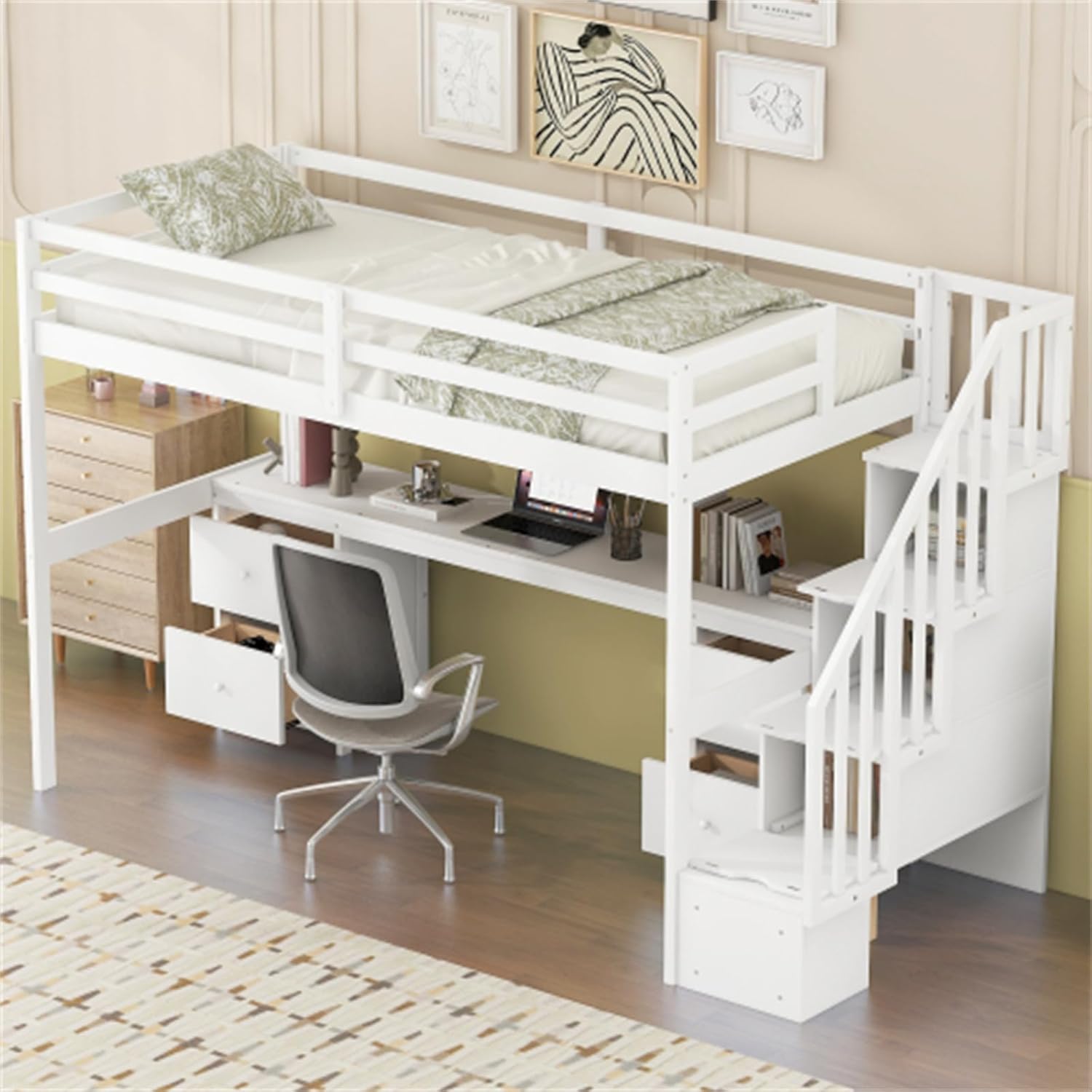 White double loft bunk bed frame with built-in desk and storage drawers A9652