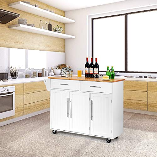 White Kitchen Island Cart Rolling Storage Trolley with Lockable Castors, 2 Drawers, 3 Door Cabinet K65860