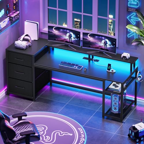 Rustic Brown Office Desk with Drawers and LED Lights L541