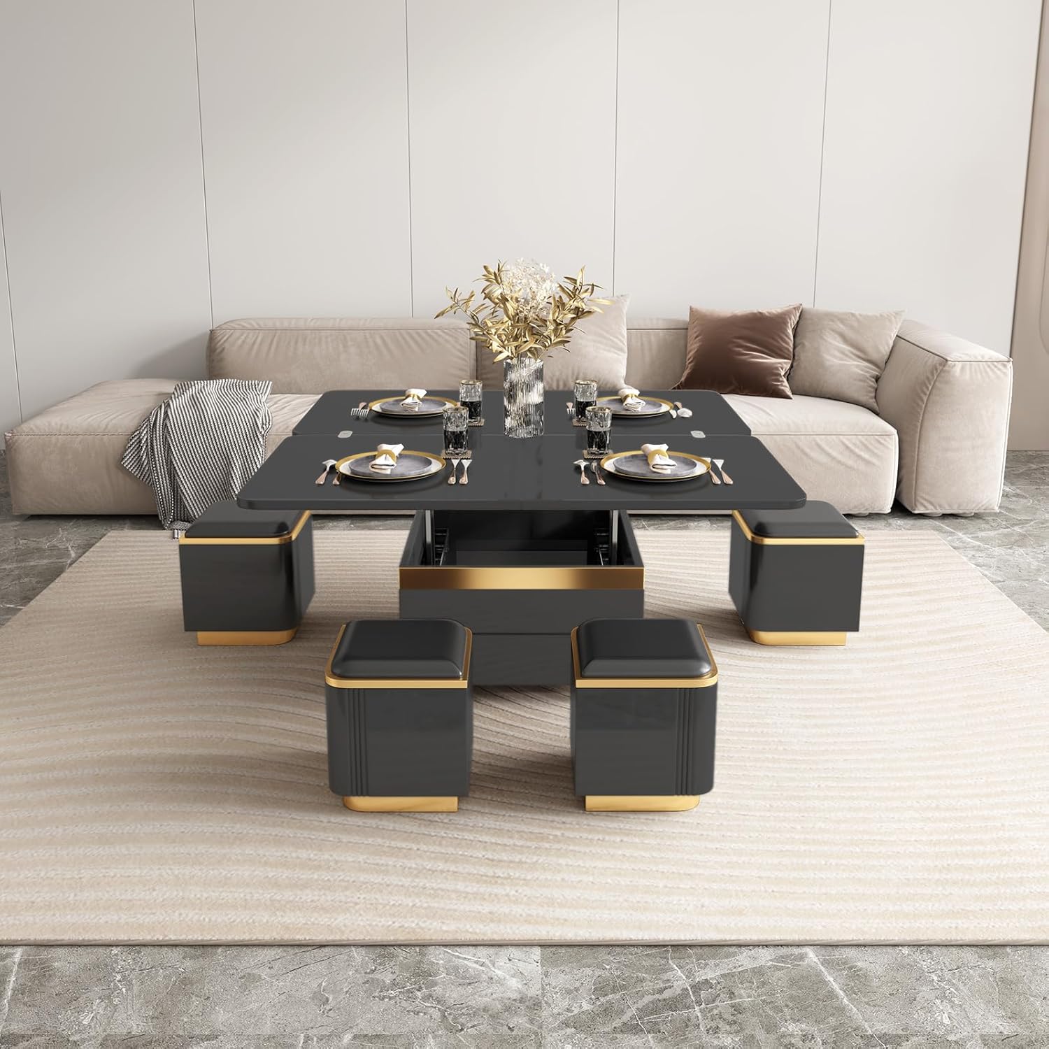 Black Lift Top Coffee Table with 4 Storage Stools M984146