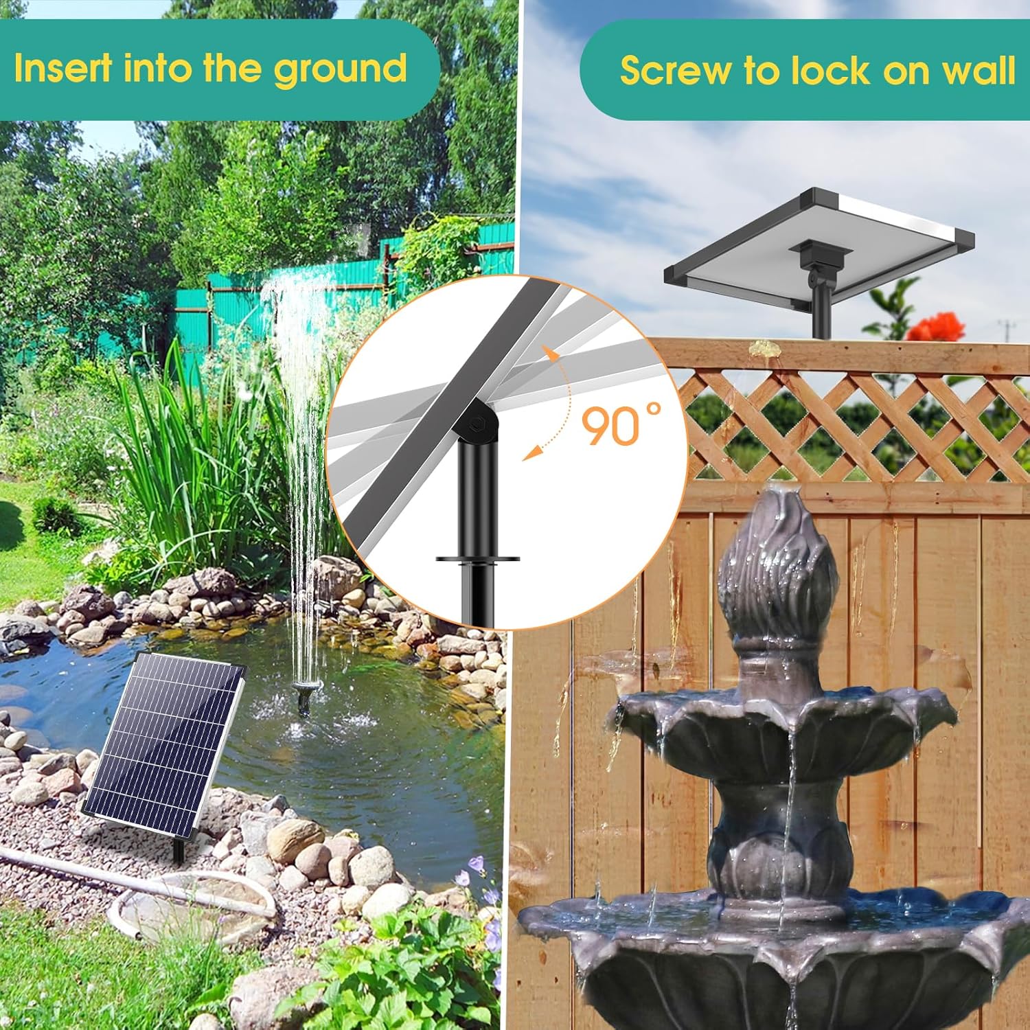 Solar Pond Pump with 2200mAh Battery Backup, 12W Solar Fountain Pump 160GPH Flow Adjustable with 6.6FT PVC Tubing D94721